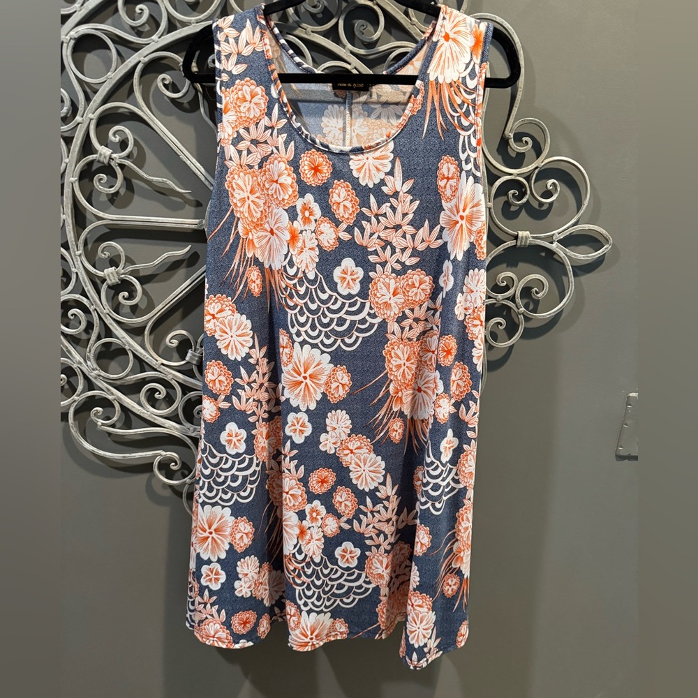 Women’s slinky knit sleeveless dress blue orange floral sz XL summer